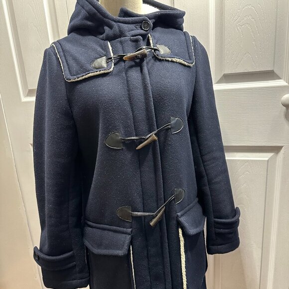 Zara Basic Women's Ladies Dark Blue Navy Wool Coat Jacket with Hood Size (L) - Picture 6 of 12